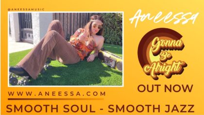 yellow promotional banner - soul music - smooth jazz music - girl sitting on the grass with a radio cassette and rollerskates